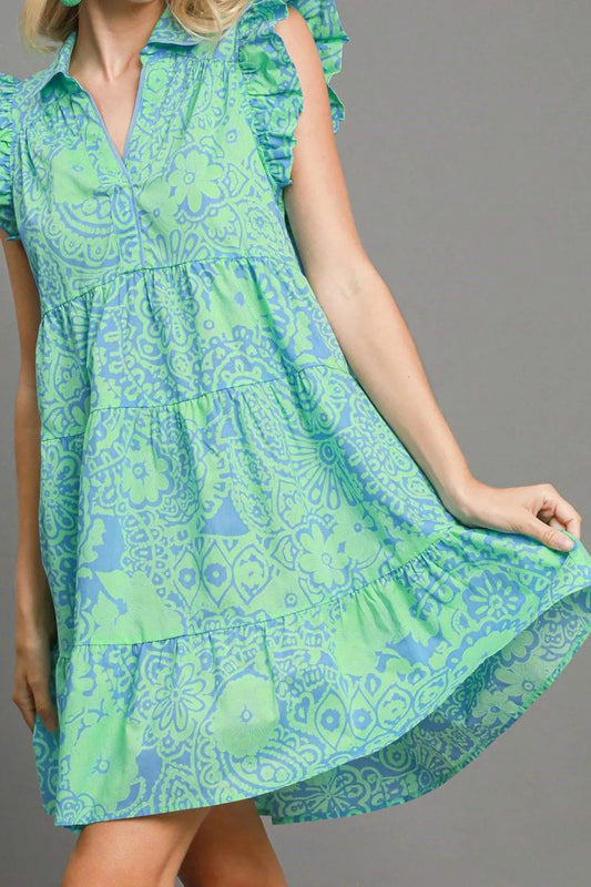 Umgee Full Size Printed Ruffle Cap Sleeve Babydoll Dress Plus Size Gum Leaf