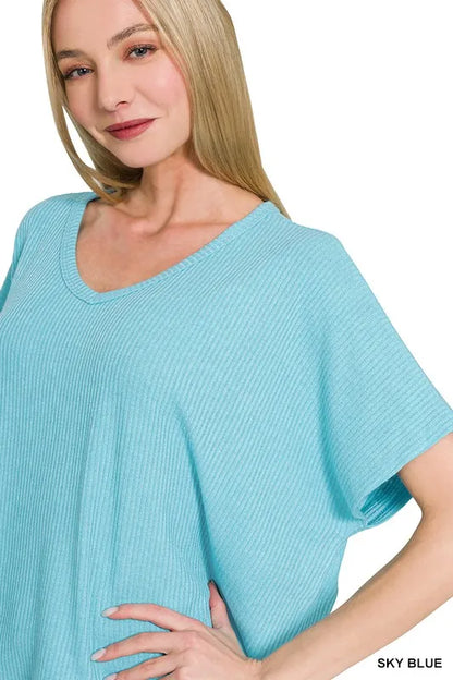 Zenana Ribbed V-Neck Short-Sleeve Knit Top