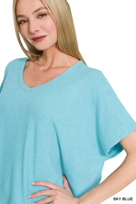 Zenana Ribbed V-Neck Short-Sleeve Knit Top