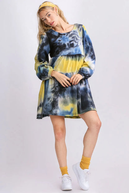 Umgee Full Size Tie Dye Round Neck Long Sleeve Babydoll Tiered Dress Plus Size YELLOW BLACK