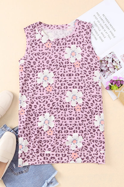 Printed Side Slit Round Neck Tank Pink Lavender