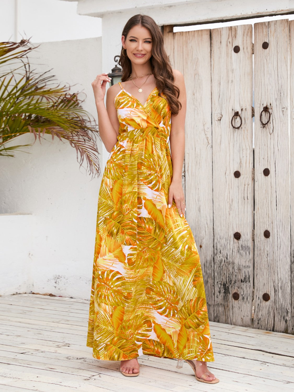 Printed Surplice Spaghetti Strap Dress Tangerine
