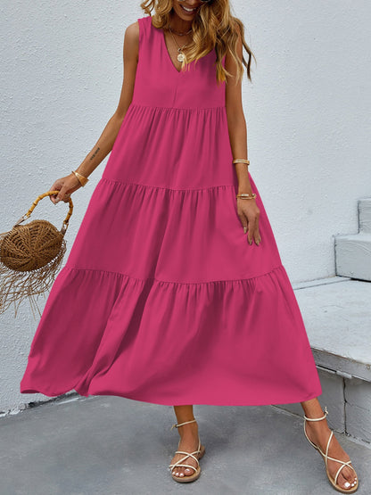 FAM-FAM Tiered V-Neck Sleeveless Dress Hot Pink