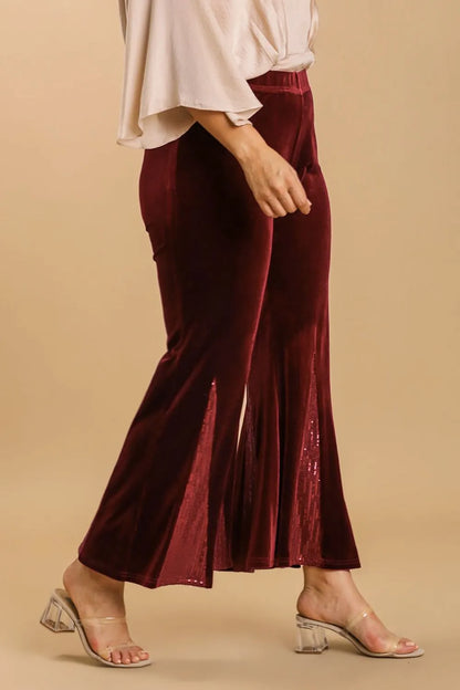 Umgee Full Size Sequin Elastic Waist Velvet Stretch Flare Leg Pants Plus Size