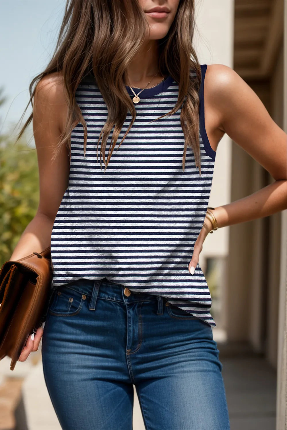 Printed Round Neck Tank Dark Navy