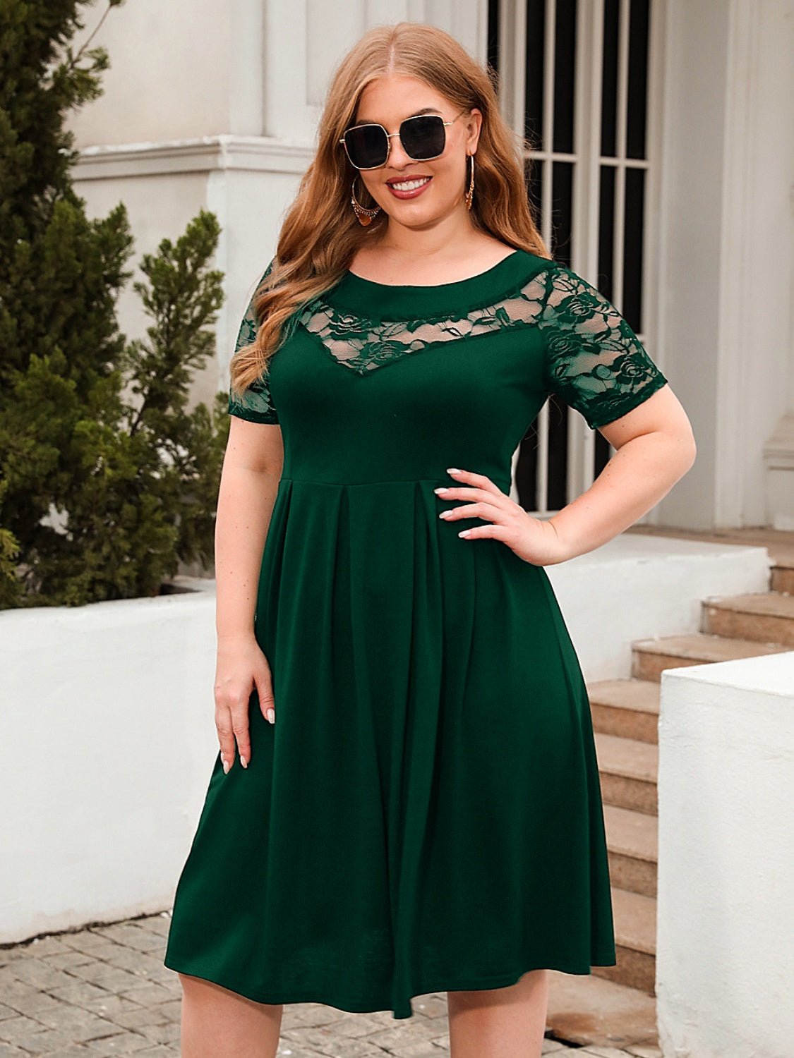 Plus Size Ruched Round Neck Short Sleeve Dress Dark Green