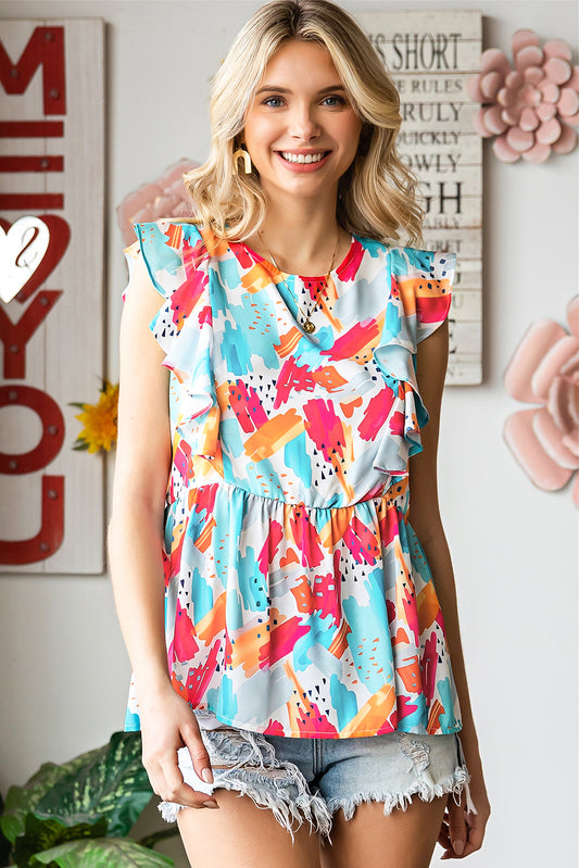 Printed Round Neck Ruffled Peplum Top Multicolor