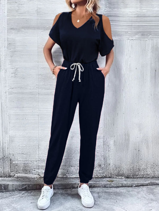 V-Neck Cold-Shoulder Jumpsuit with Pockets Dark Blue