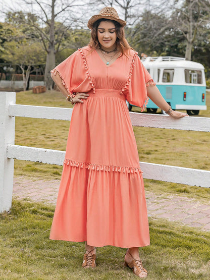 Plus Size Tassel Trim V-Neck Short Sleeve Ruffle Hem Dress Coral