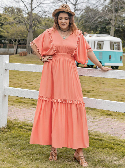 Plus Size Tassel Trim V-Neck Short Sleeve Ruffle Hem Dress Coral
