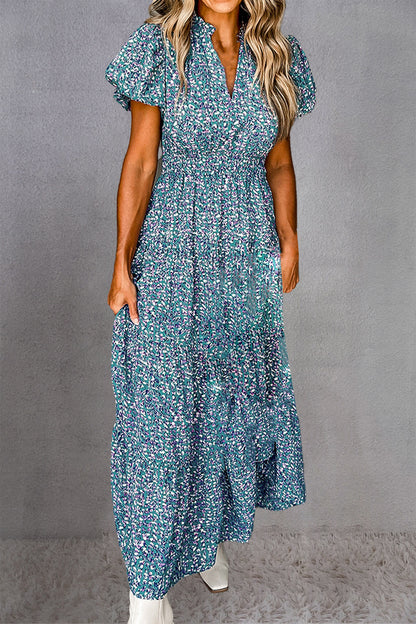 Tiered Printed Notched Short Sleeve Dress Peacock Blue