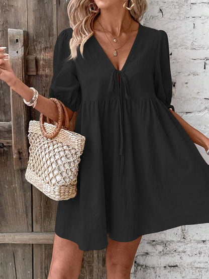 V-Neck Tie-Front Mini Dress with Puff Sleeves Black