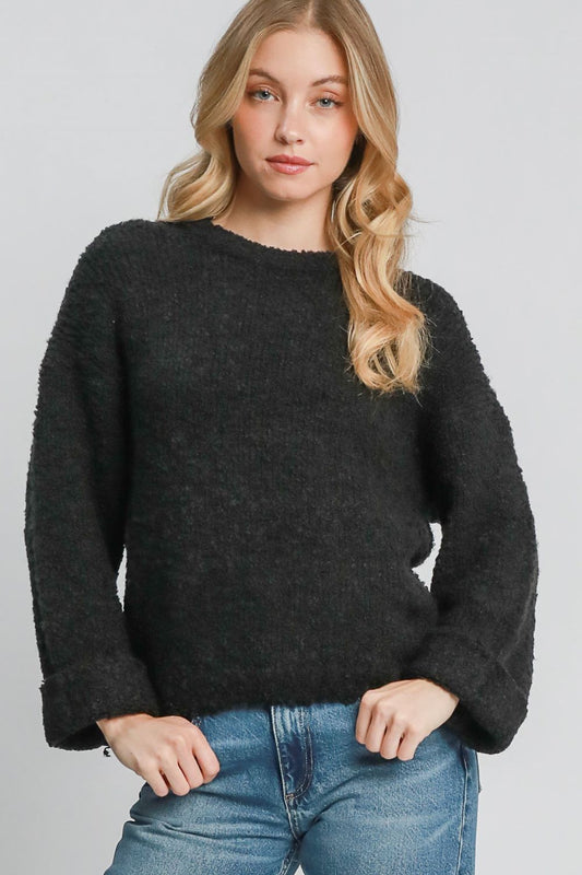 Umgee Full Size Round Neck Long Sleeve Boucle Sweater Plus Size Black