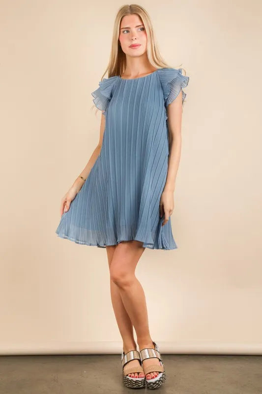 VERY J Plus Size Ruffle Sleeve Pleated Woven Mini Dress Denim