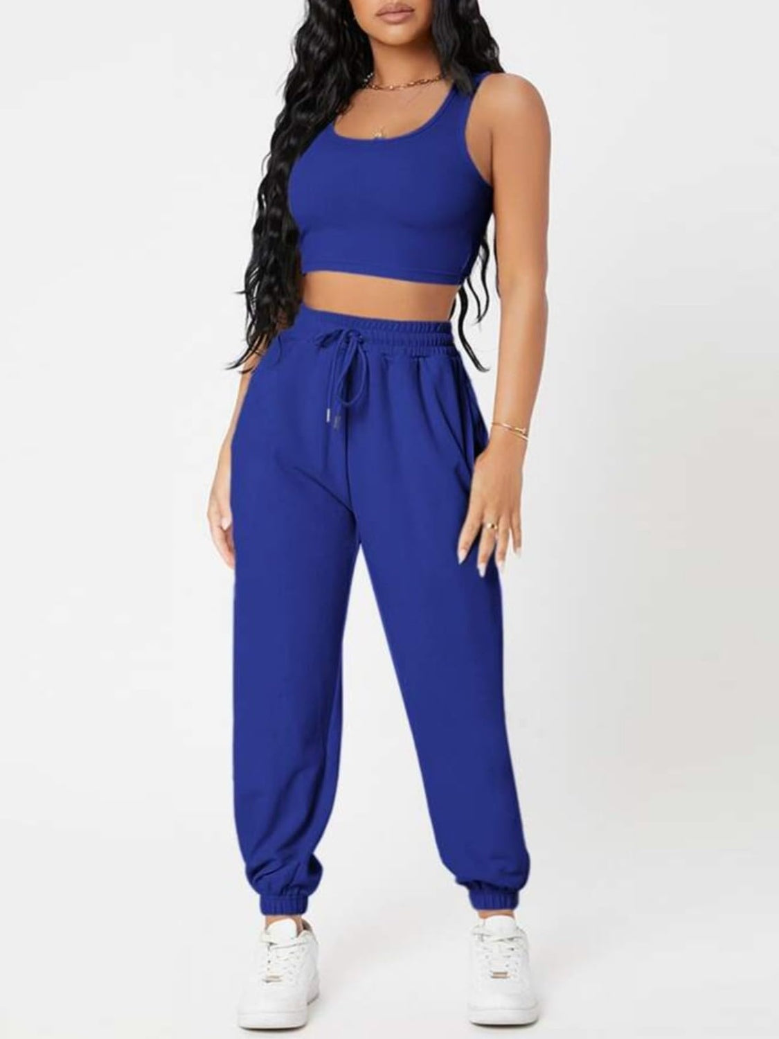 Wide Strap Top and Drawstring Joggers Set Royal Blue