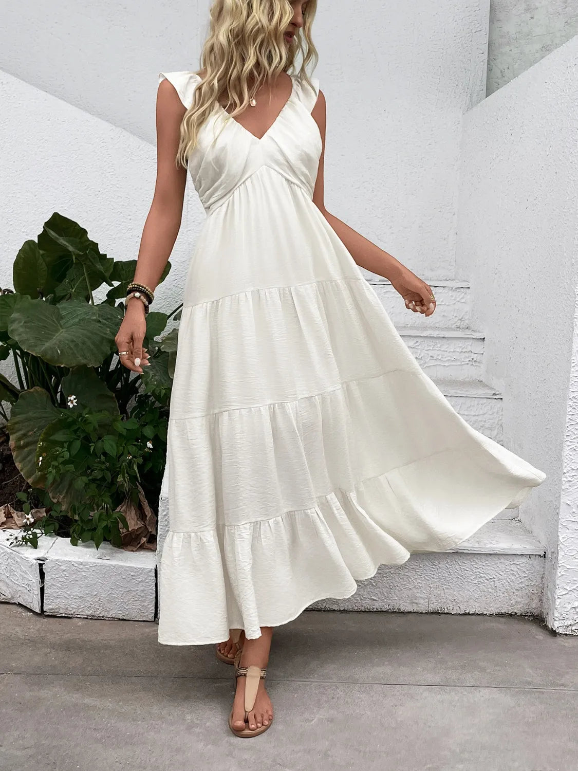 V-Neck Sleeveless Tiered Dress White