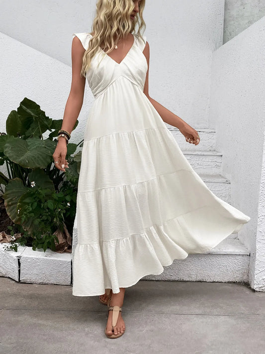 V-Neck Sleeveless Tiered Dress White
