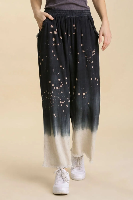 Umgee Full Size Raw Hem Linen Blend Bleach Dip Dye Wide Leg Pants Plus Size Black