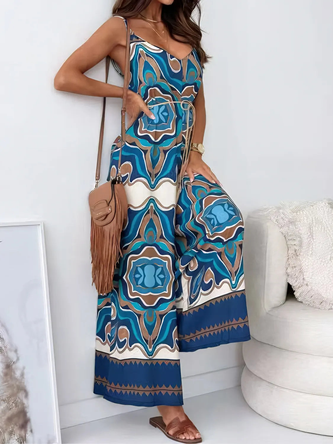 Printed V-Neck Wide Leg Jumpsuit Peacock Blue