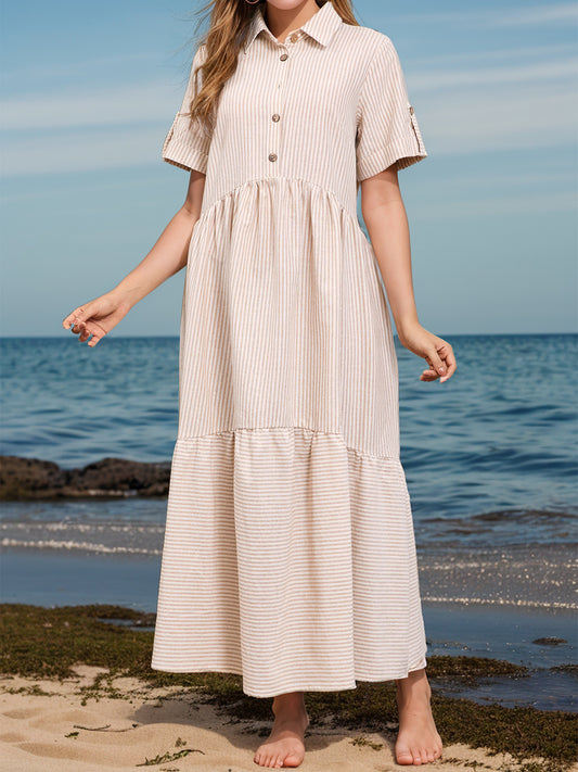 Striped Collared Neck Short Sleeve Dress Tan