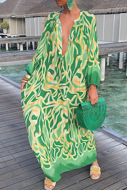 Abstract Print Buttoned Balloon Sleeve Dress Green