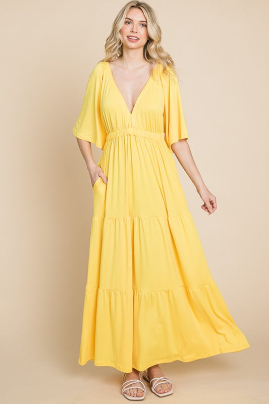 Culture Code Backless Plunge Half Sleeve Tiered Dress LEMONADE