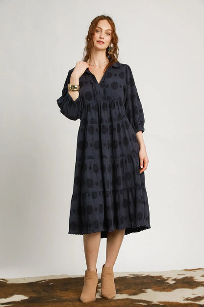 Umgee Full Size Solid Dotted Jacquard Midi Dress Plus Size