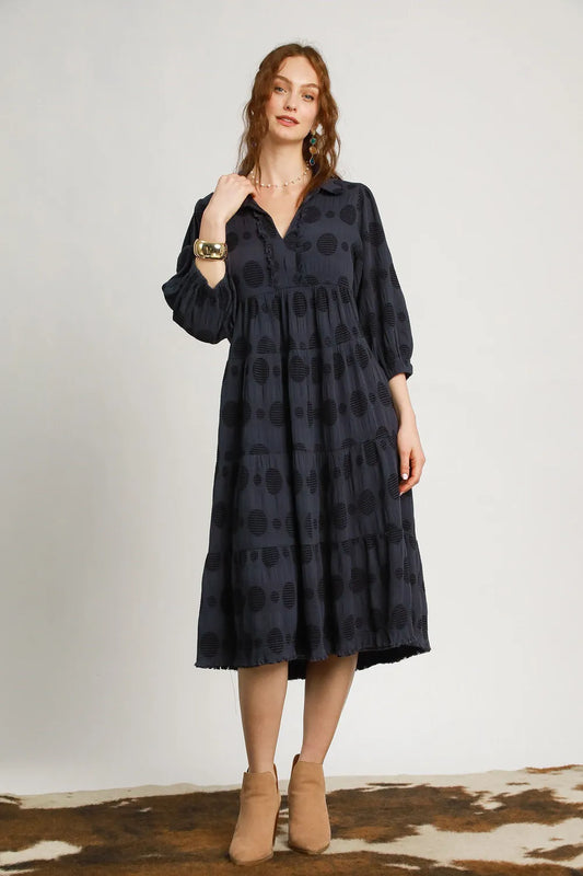 Umgee Full Size Solid Dotted Jacquard Midi Dress Plus Size