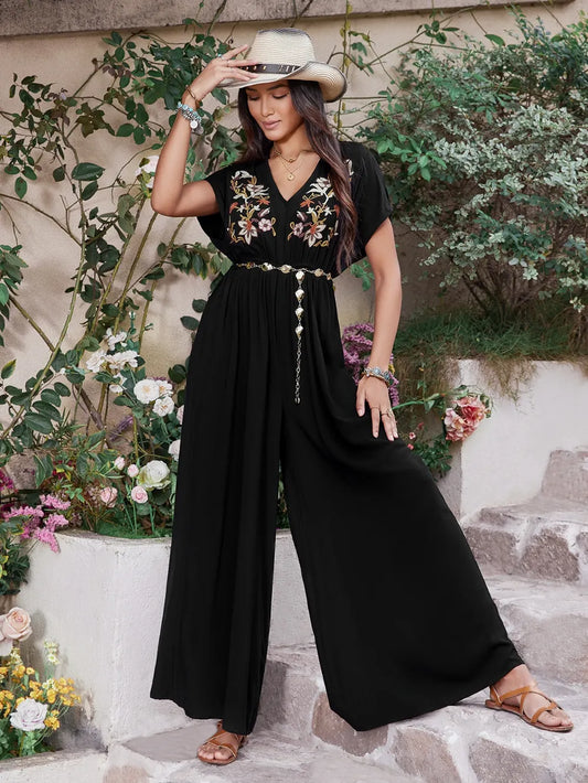 Embroidered Ruched Short Sleeve Jumpsuit Black