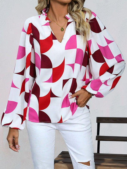 Perfee Frill Notched Long Sleeve Blouse Burgundy