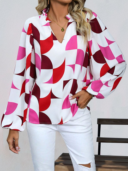 Perfee Frill Notched Long Sleeve Blouse Burgundy