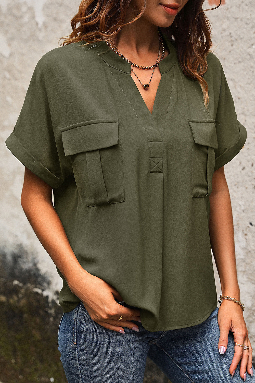 Perfee Pocketed Notched Short Sleeve Blouse