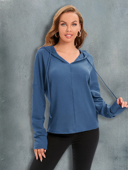 Waffle-Knit Drawstring Drop Shoulder Hoodie Dusty Blue