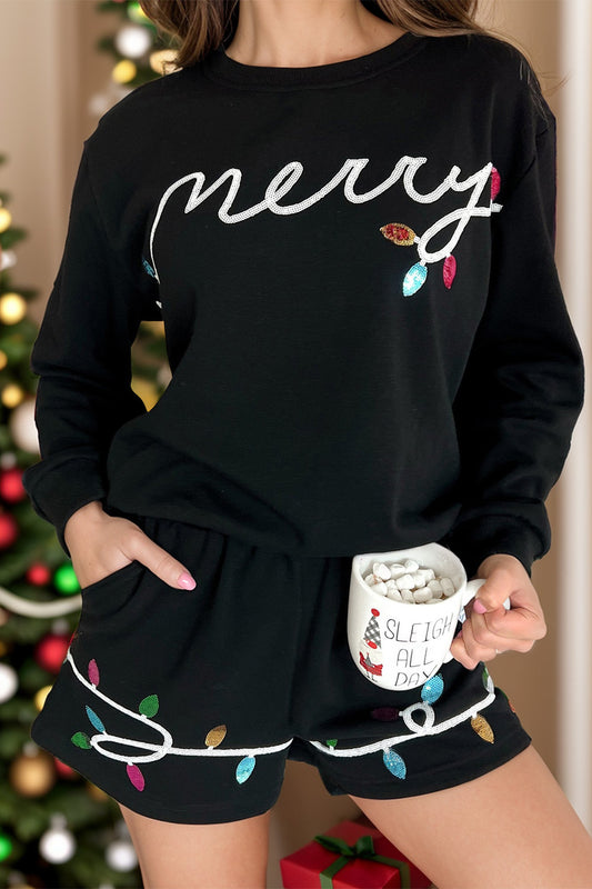 MERRY Sequin Round Neck Long Sleeve Top and Shorts Set Black