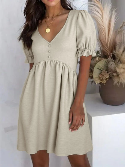 Puff Sleeve Babydoll Mini Dress Beige
