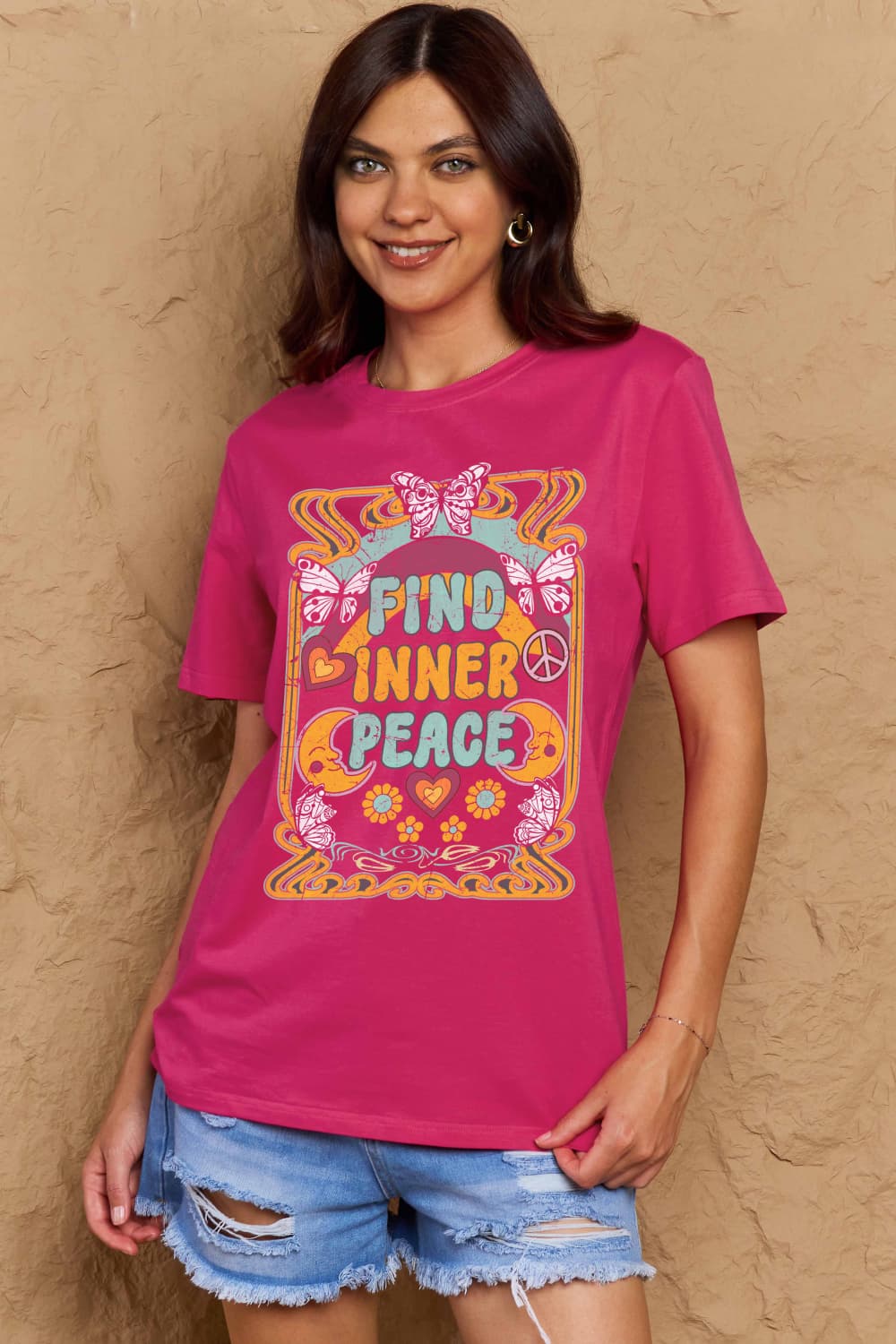 Simply Love Full Size FIND INNER PEACE Graphic Cotton T-Shirt Hot Pink