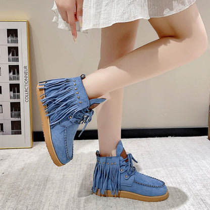 Fringe Studded Round Toe Canvas Boots Blue