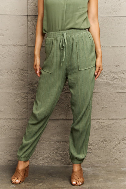 Perfee Tie Waist Long Pants with Pocket Matcha Green