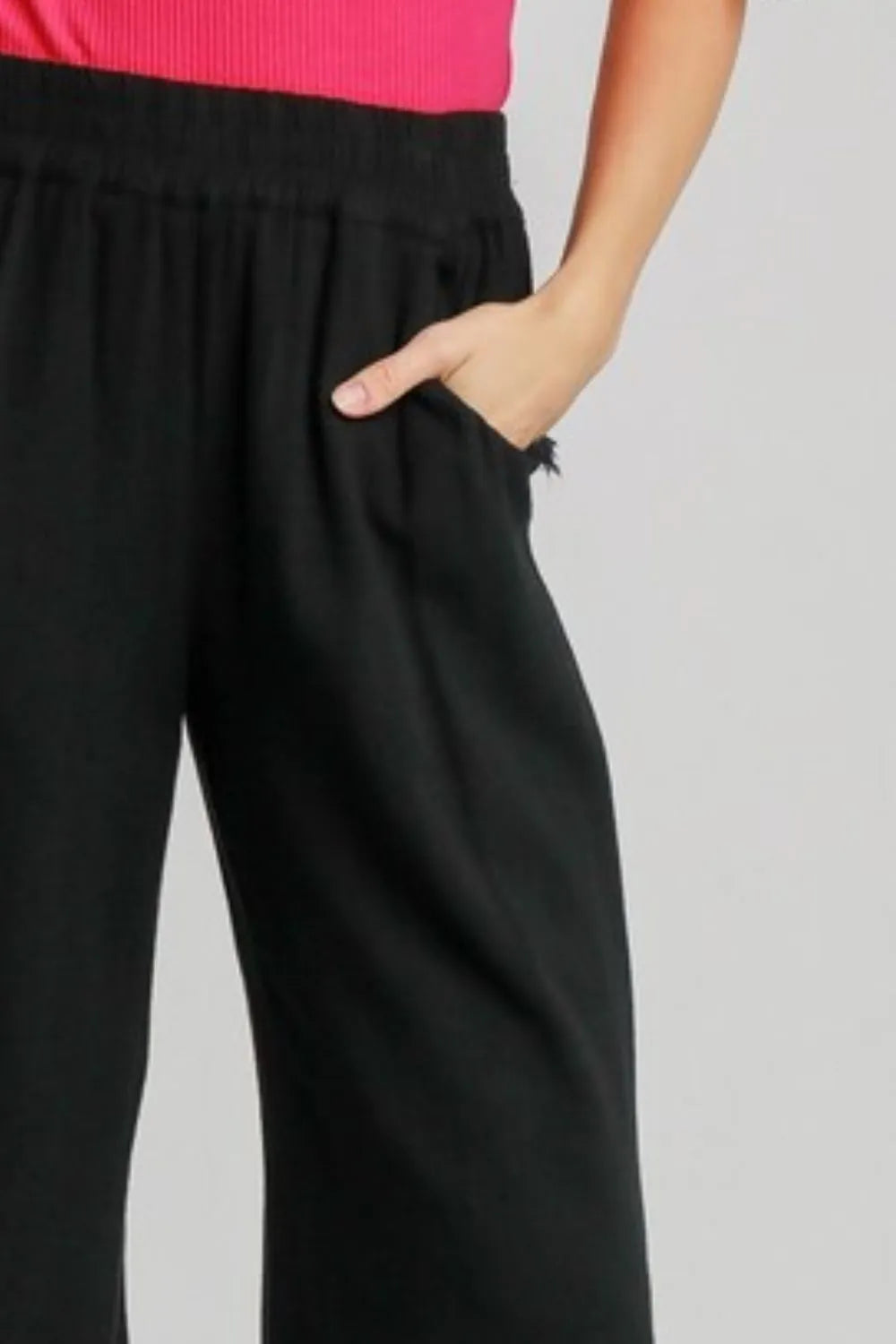 Umgee Full Size Linen Blend Elastic Waistband Wide Leg Pants Plus Size