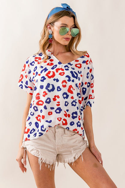 BiBi Leopard V-Neck Short Sleeve Blouse OFFWHT RED NAVY