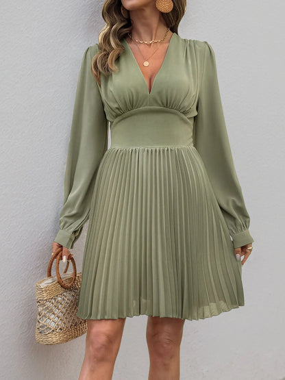 Pleated Long Sleeve V-Neck Dress