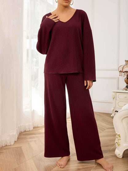 V-Neck Long Sleeve Top and Wide Leg Pants Set Burgundy