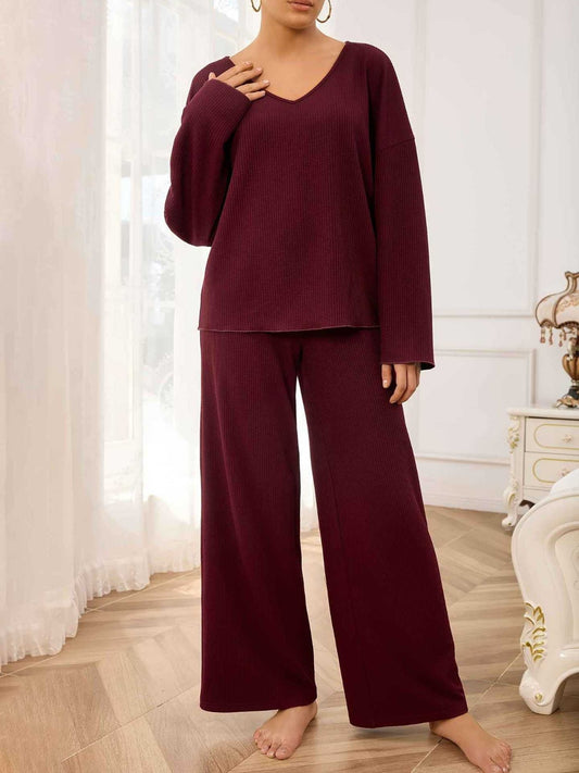 V-Neck Long Sleeve Top and Wide Leg Pants Set Burgundy