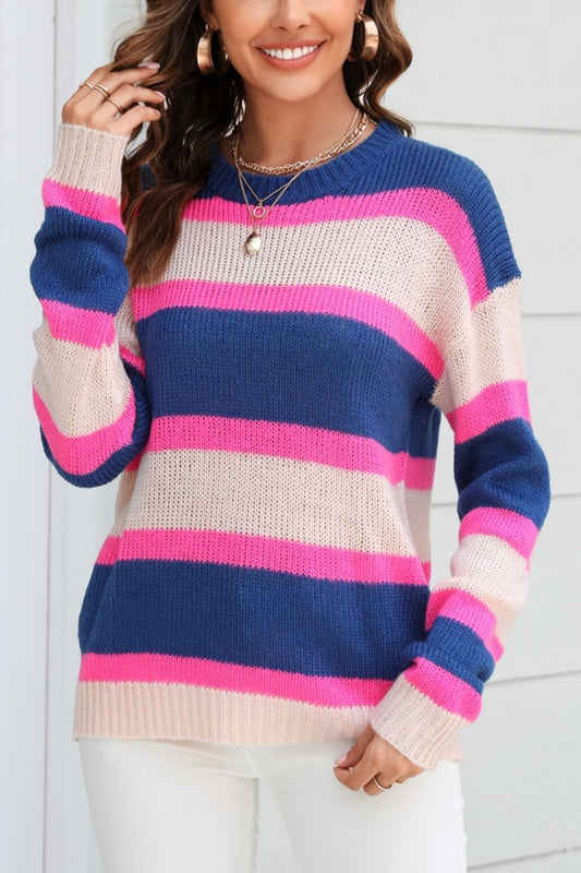Angel Wings Color Block Round Neck Dropped Shoulder Sweater Dark Blue