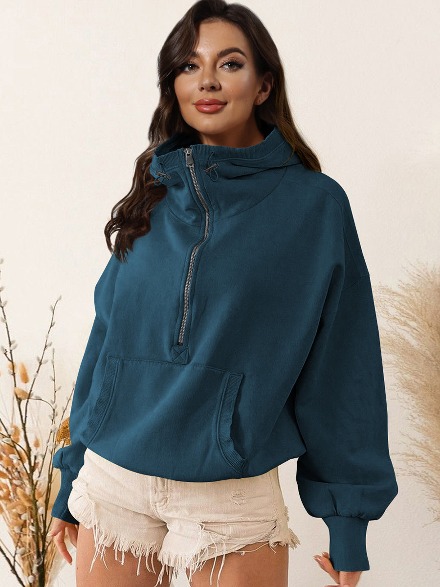 Zip-Up Dropped Shoulder Hoodie Deep Teal