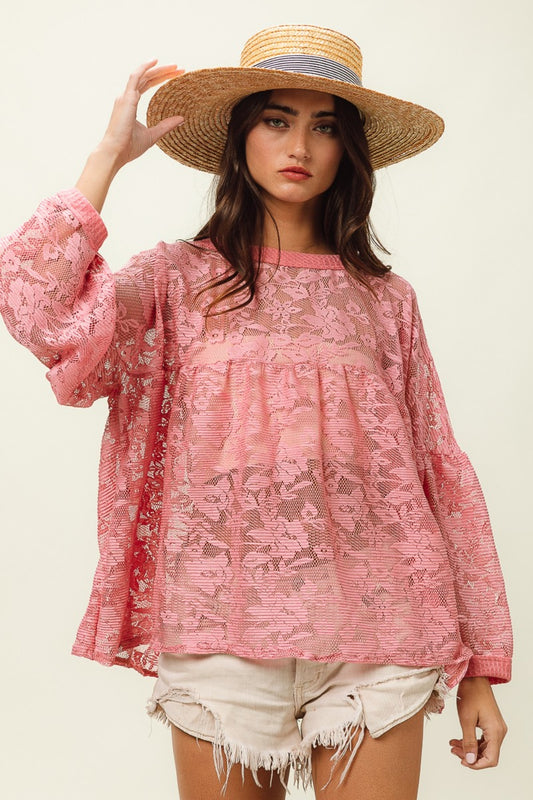 BiBi Floral Lace Long Sleeve Top Mauve