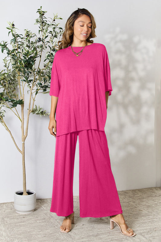 Double Take Full Size Round Neck Slit Top and Pants Set Hot Pink