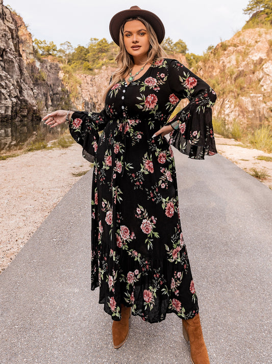 Plus Size Floral Flare Sleeve Dress Black