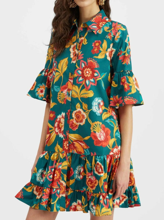 Floral Print Ruffle Sleeve Mini Dress Green
