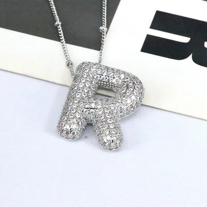 Copper Inlaid Zircon Letter Pendant Necklace Style R One Size